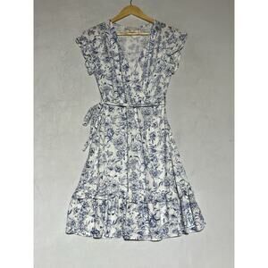 Monteau Linen Blend Faux Wrap Dress Small White Blue Floral Flutter Sleeve Tie